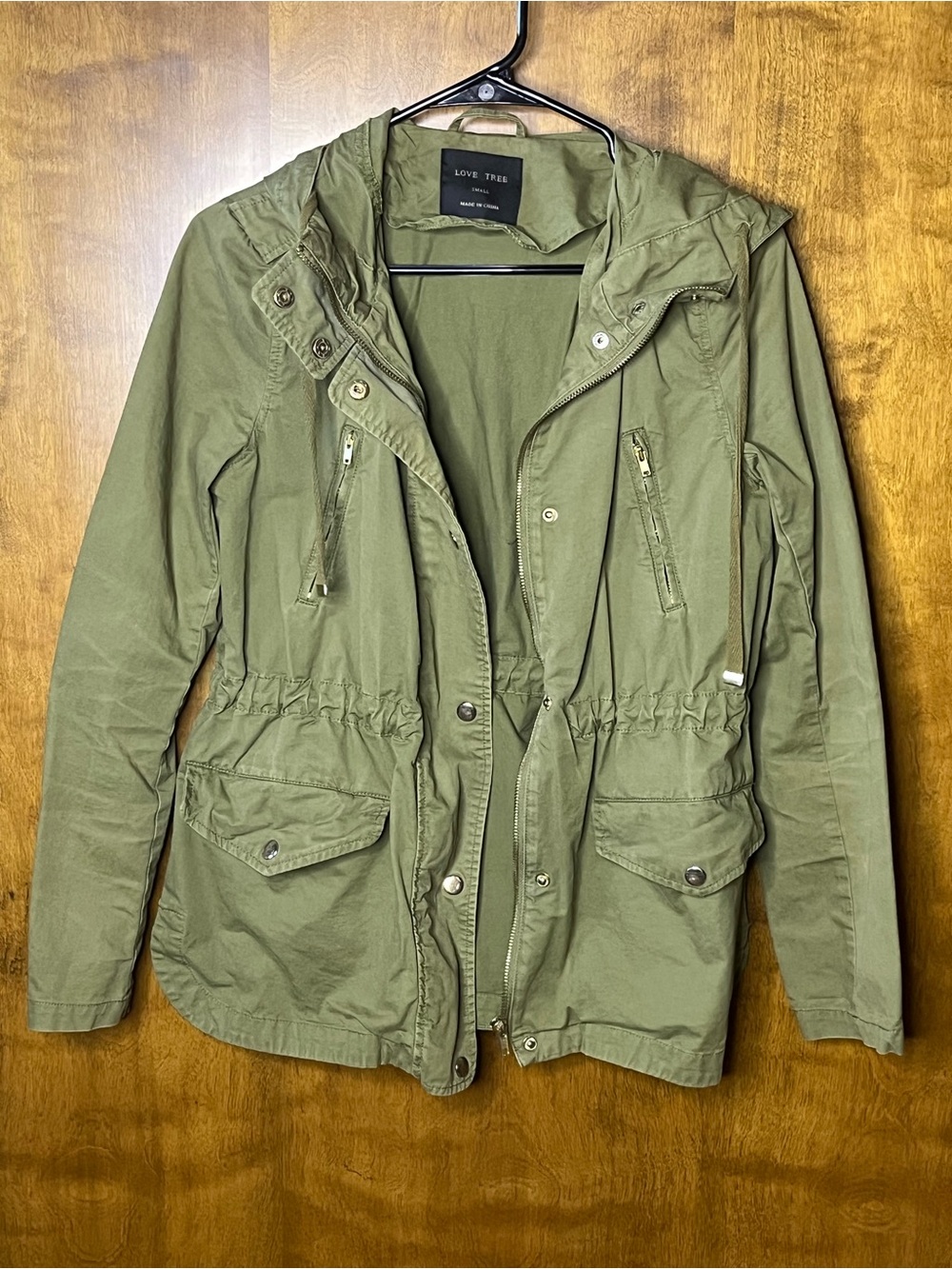 Love Tree Olive Green Utility Jacket Small Hooded Anorak Drawstring Waist